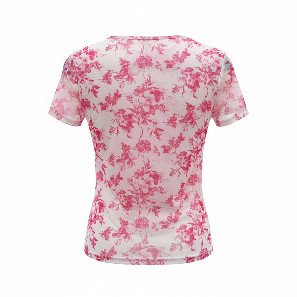 White t-shirt with pink floral pattern on a white background