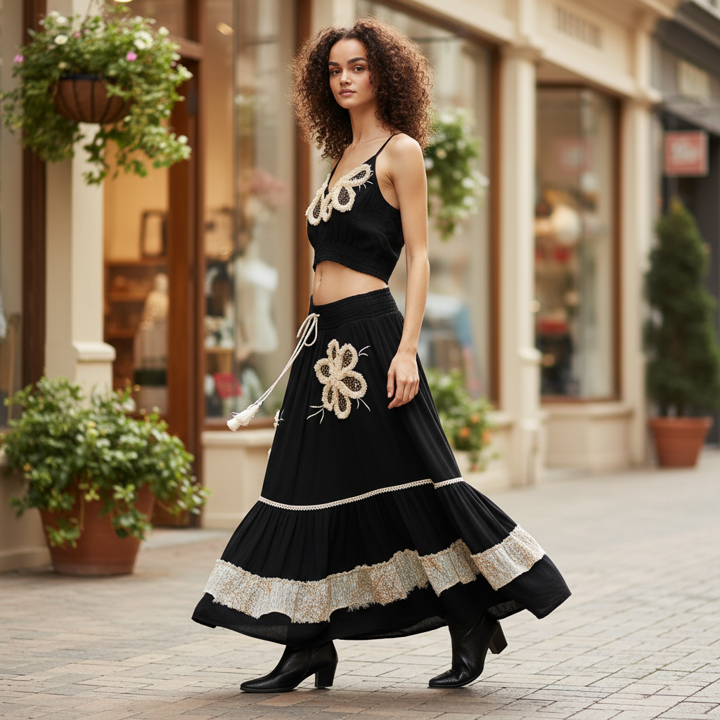POL Clothing women's black embroidered maxi skirt walking boutique street style, ruffle hem in motion, cream floral detail