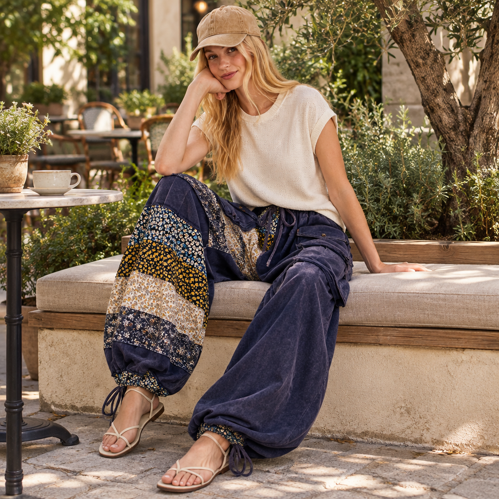 Sage + Fig women's navy floral patchwork pants styled on a garden patio