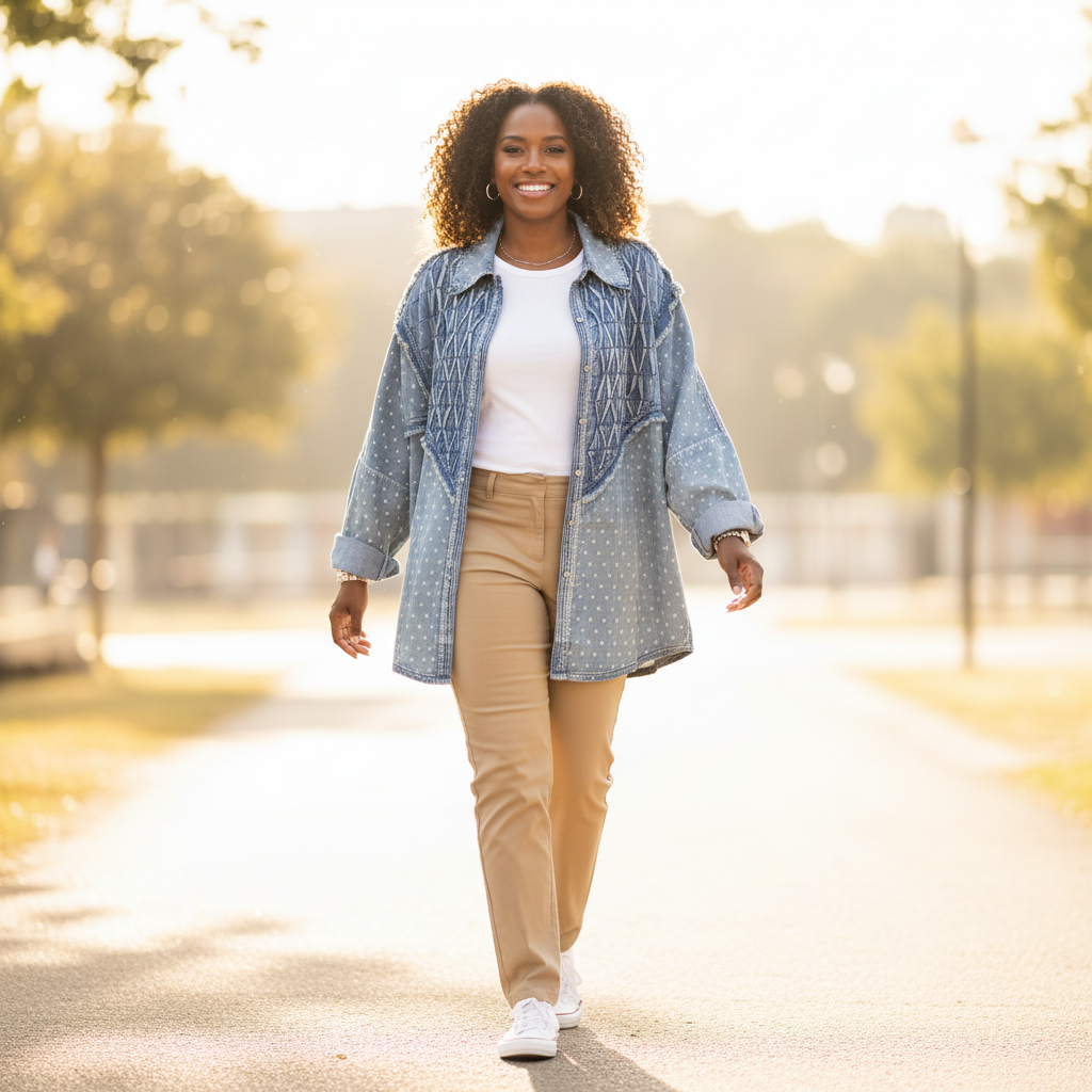 Women's light blue polka dot denim jacket oversized fit styled with white shirt and khaki pants casual walk