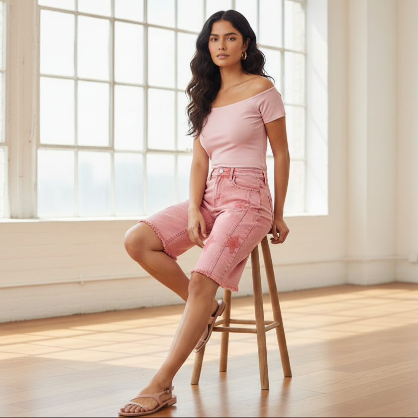 Women's pink acid-wash star denim shorts studio editorial off-shoulder top styled look