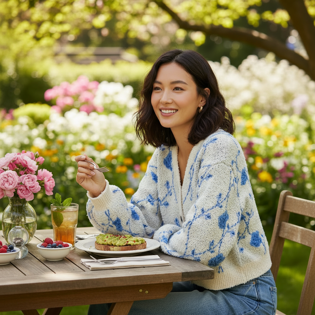 Women's cream blue floral v-neck cropped cardigan spring brunch outfit boho knit layering top