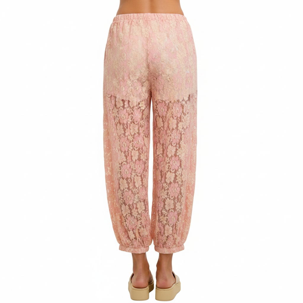 Women's peach floral lace balloon pants back view, elasticated hem, semi-sheer lace, cropped balloon fit