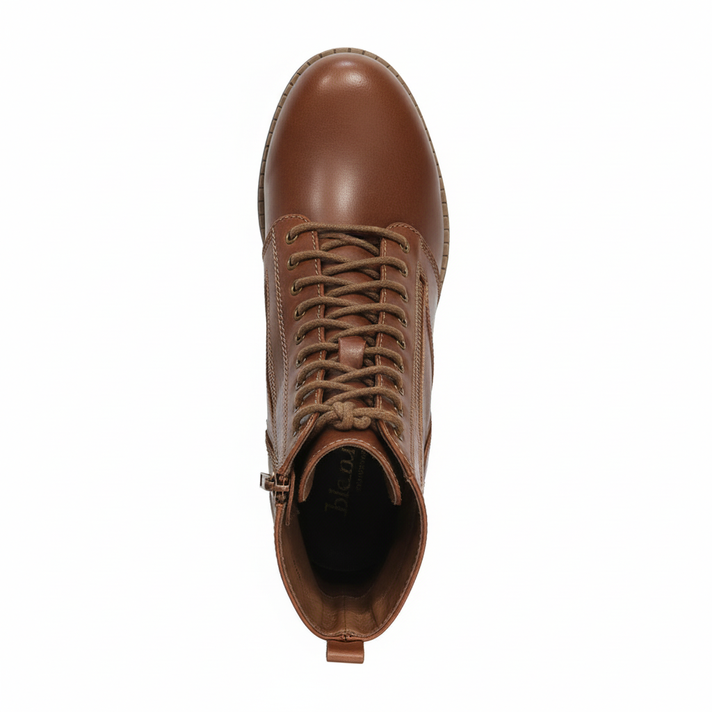 Women's brown leather combat boots with block heel - top view showing insole