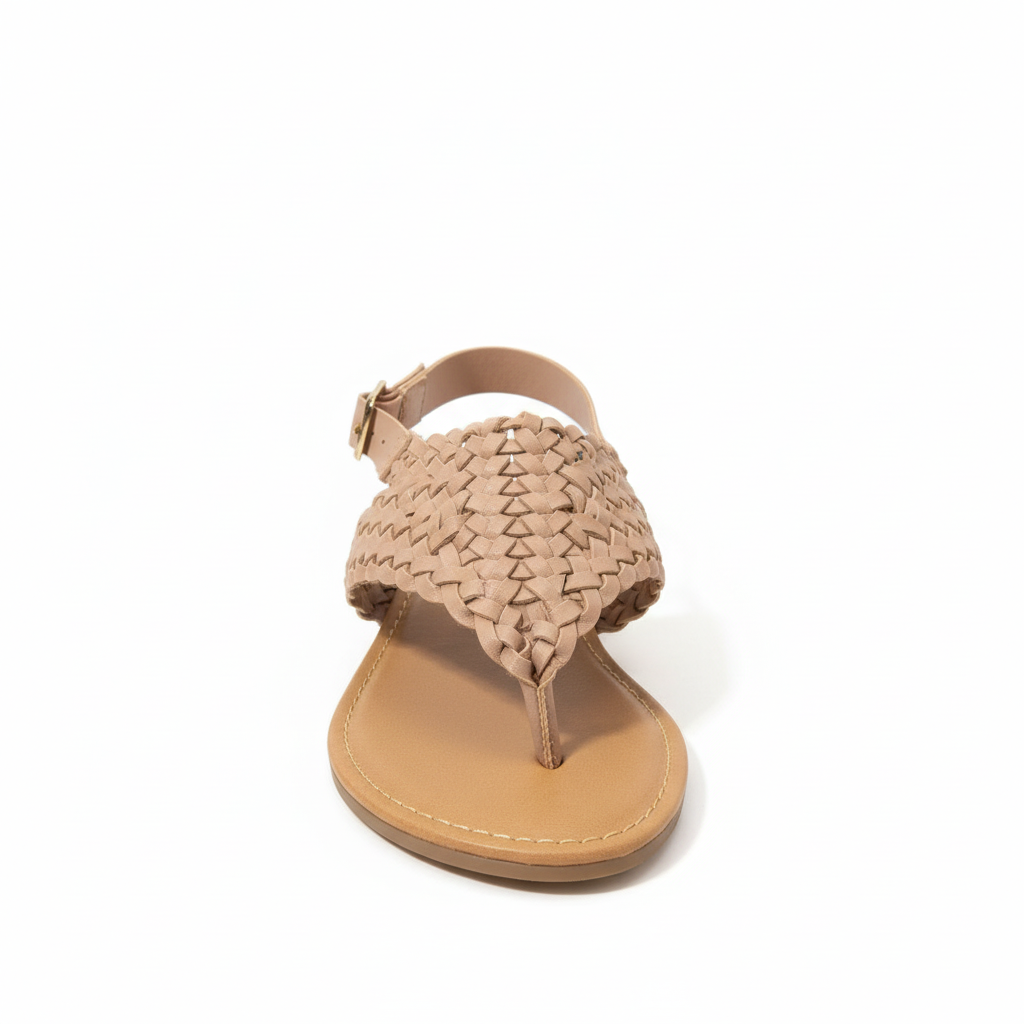 Women's nude woven basket-weave braided flat thong sandal with gold buckle slingback front view white background