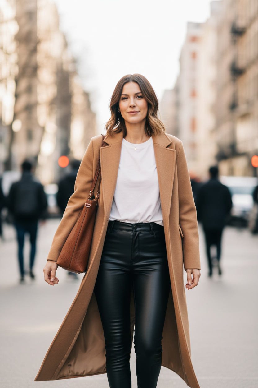 Faux Leather Leggings with camel coat and white tee - street style lifestyle