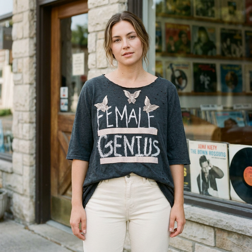 Charcoal Female Genius tee with beaded butterflies and rhinestone bars styled with cream jeans outside a record shop.
