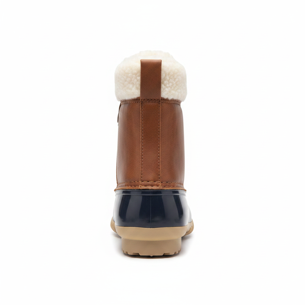 Women's brown and navy duck boot back view showing heel, lug sole, and faux sherpa collar trim - Yoki