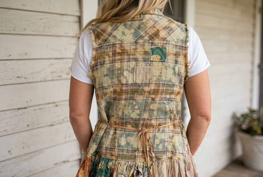 Rear detail of a sleeveless plaid dress with small patches, raw armholes and a thin tie at the waist.
