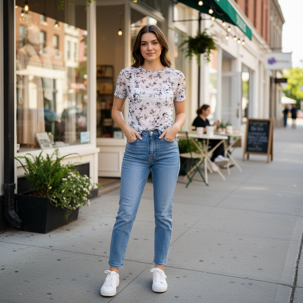 Woman standing on a city street wearing a floral top and blue jeans.