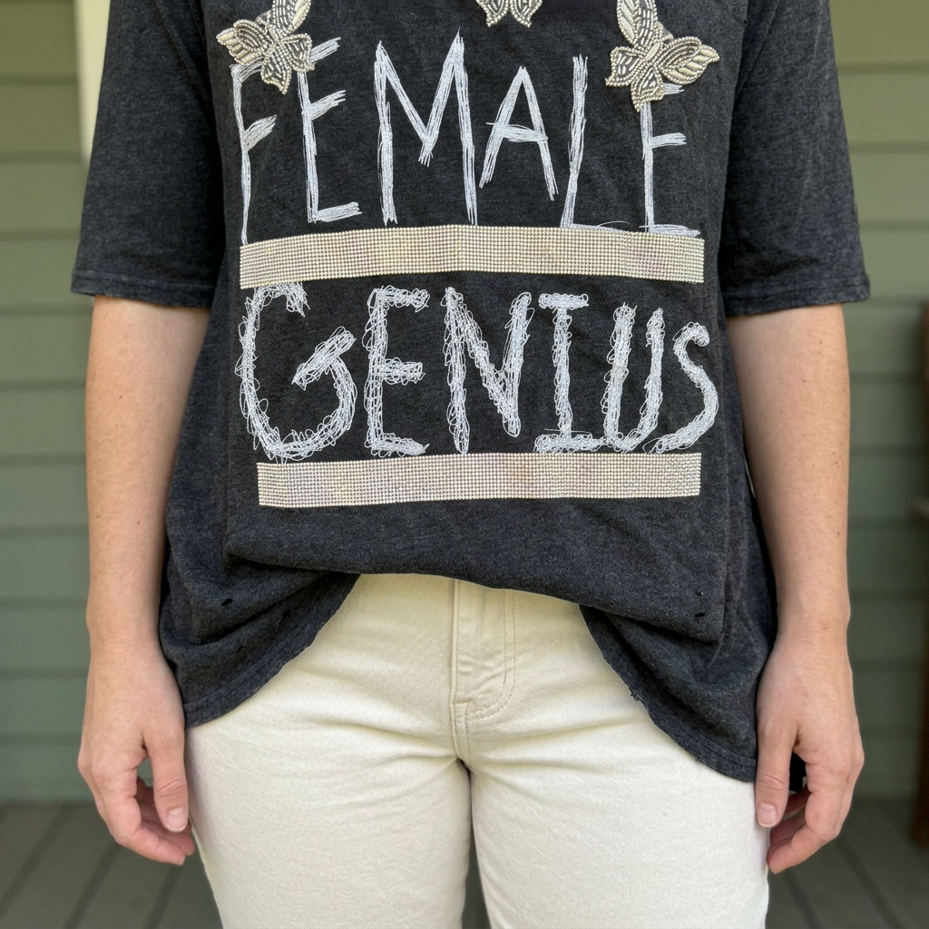 Close-up of white Female Genius lettering and rhinestone bars on a charcoal tee styled with cream jeans.