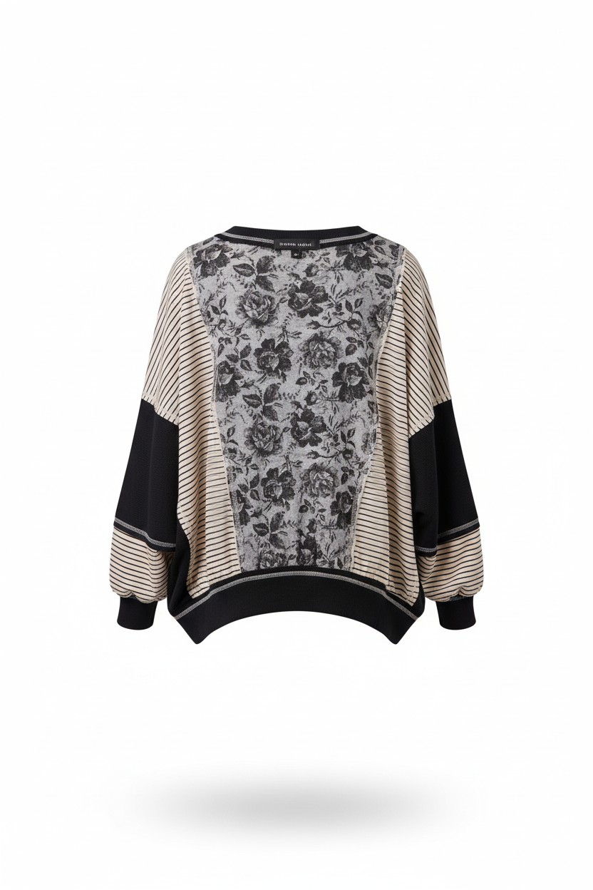 Colorblock Stripe Mix Top Grey/Black - Back view showing full floral print panel