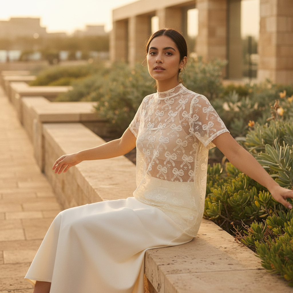 Women's off-white sheer mesh top, bow lace pattern, high neck, draped in resort seated pose