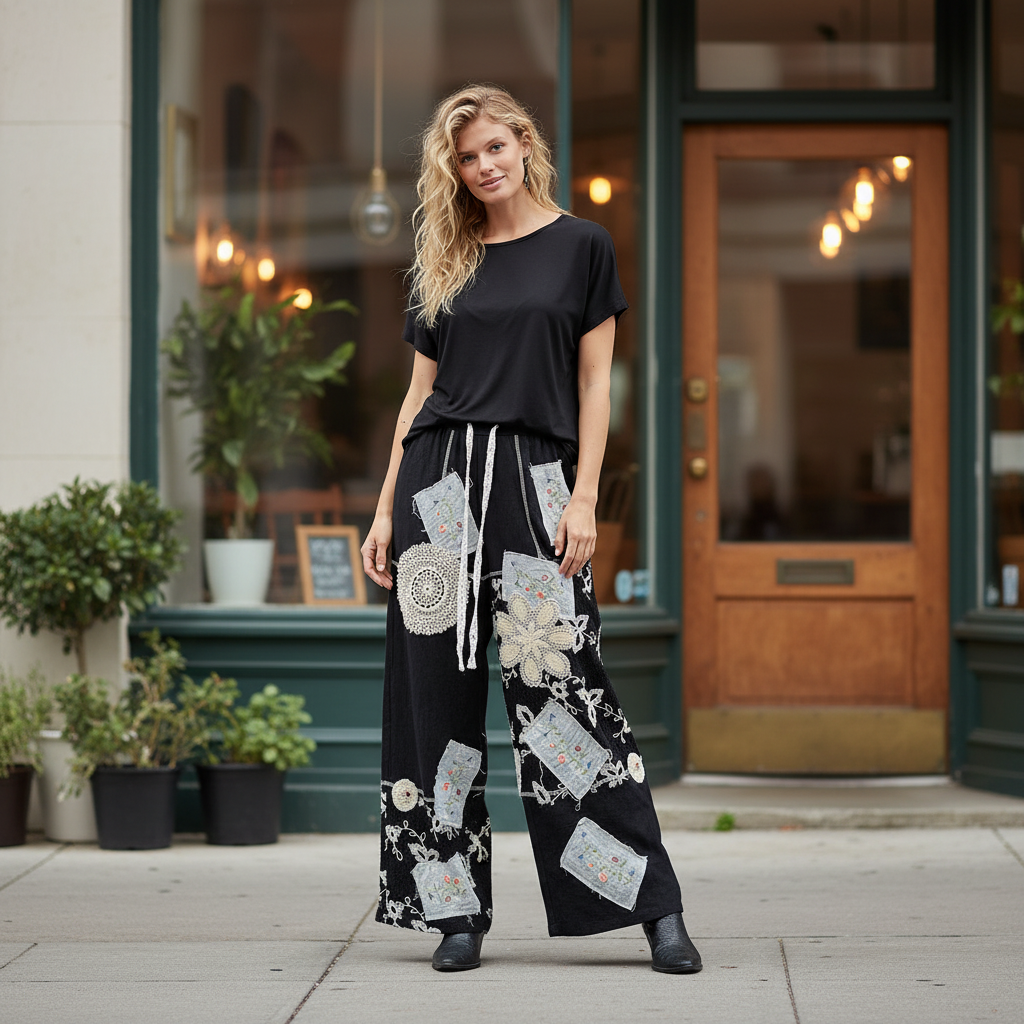 Women's black wide-leg crochet patchwork pants standing near storefront boutique casual outfit