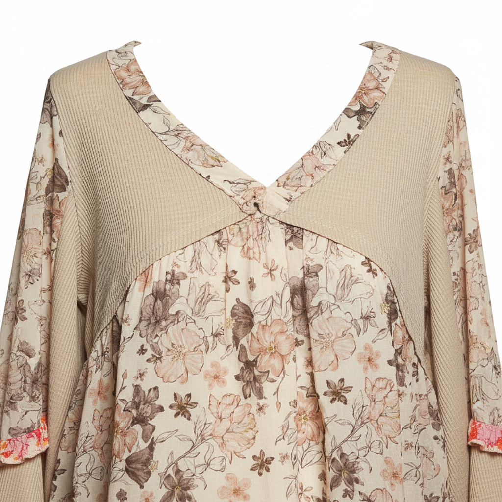Women's taupe boho top V-neck tie detail, ribbed knit and floral chiffon patchwork, red orange ruffle trim cuffs