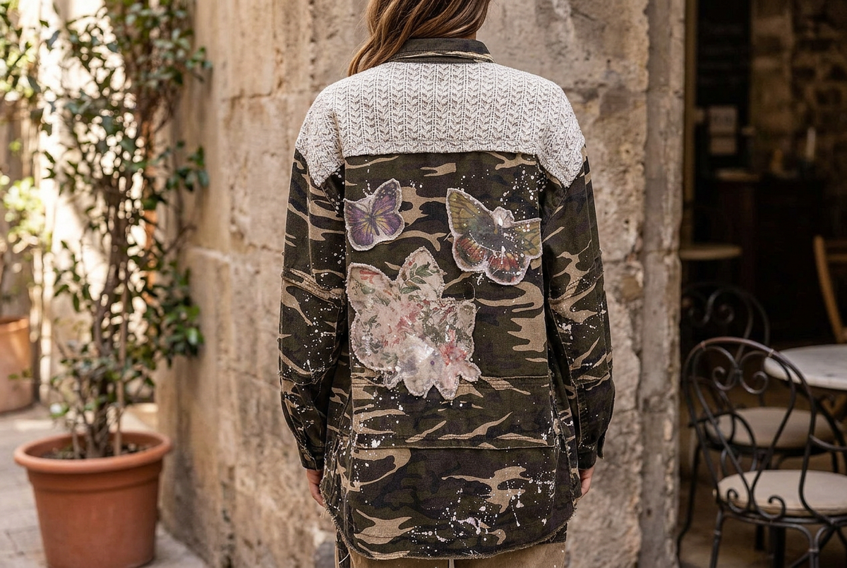 Blue Velvet camo jacket rear detail showing lace shoulder panel and butterfly and floral patches