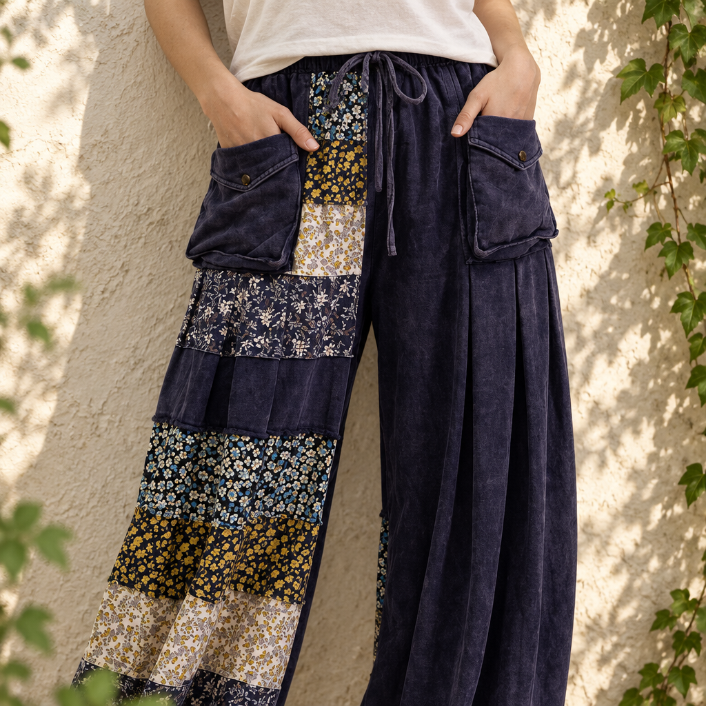 Sage + Fig navy patchwork pants close-up showing drawstring waist and flap pockets outdoors