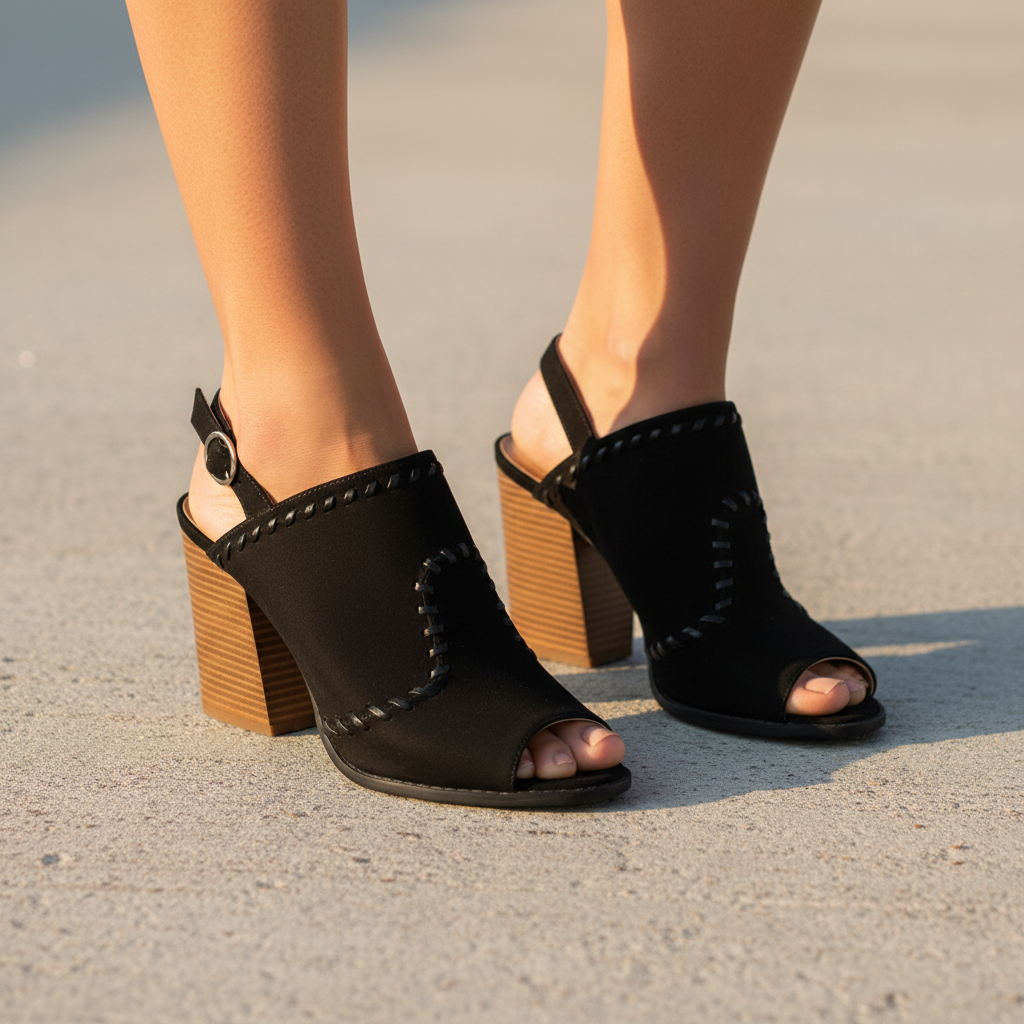 Qupid DAYOFF-23X black suede PU peep-toe slingback mule with whipstitch trim, worn close-up on concrete steps, above angle lifestyle view