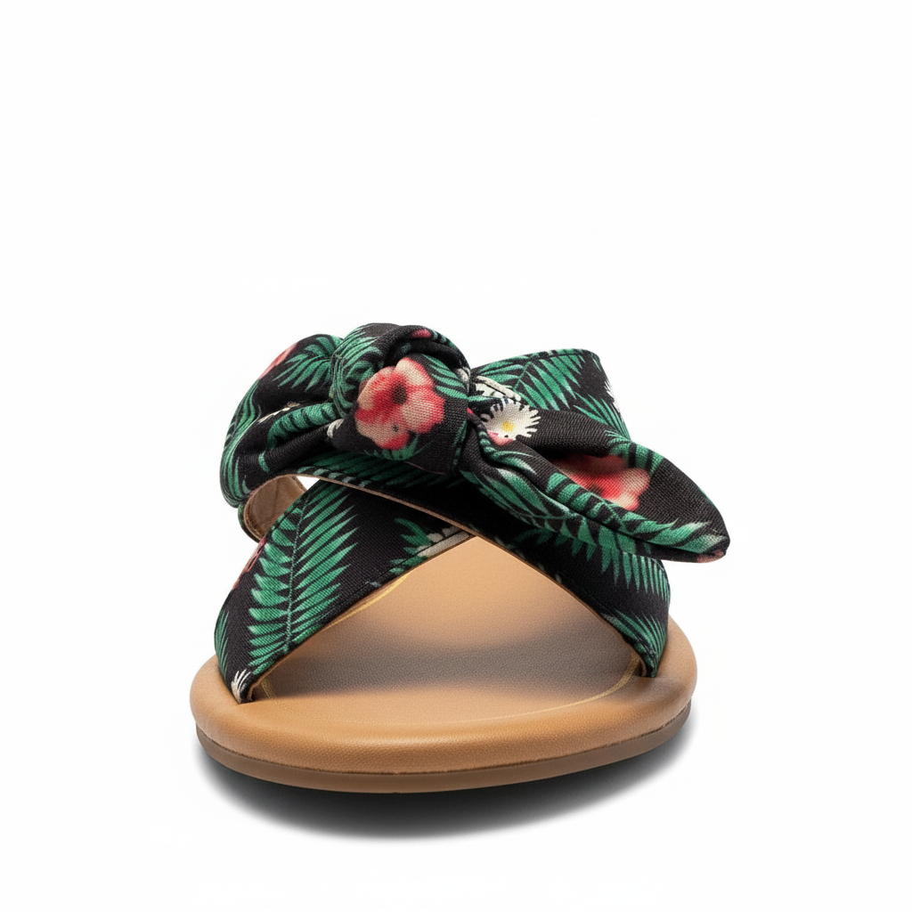 Tropical print slide sandals with twisted knot detail featuring green palm fronds and pink hibiscus flowers on black fabric with tan footbed - front view