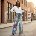 Women's embroidered wide leg denim pants, standing pose, mineral wash, relaxed boutique fit - BellanBlue
