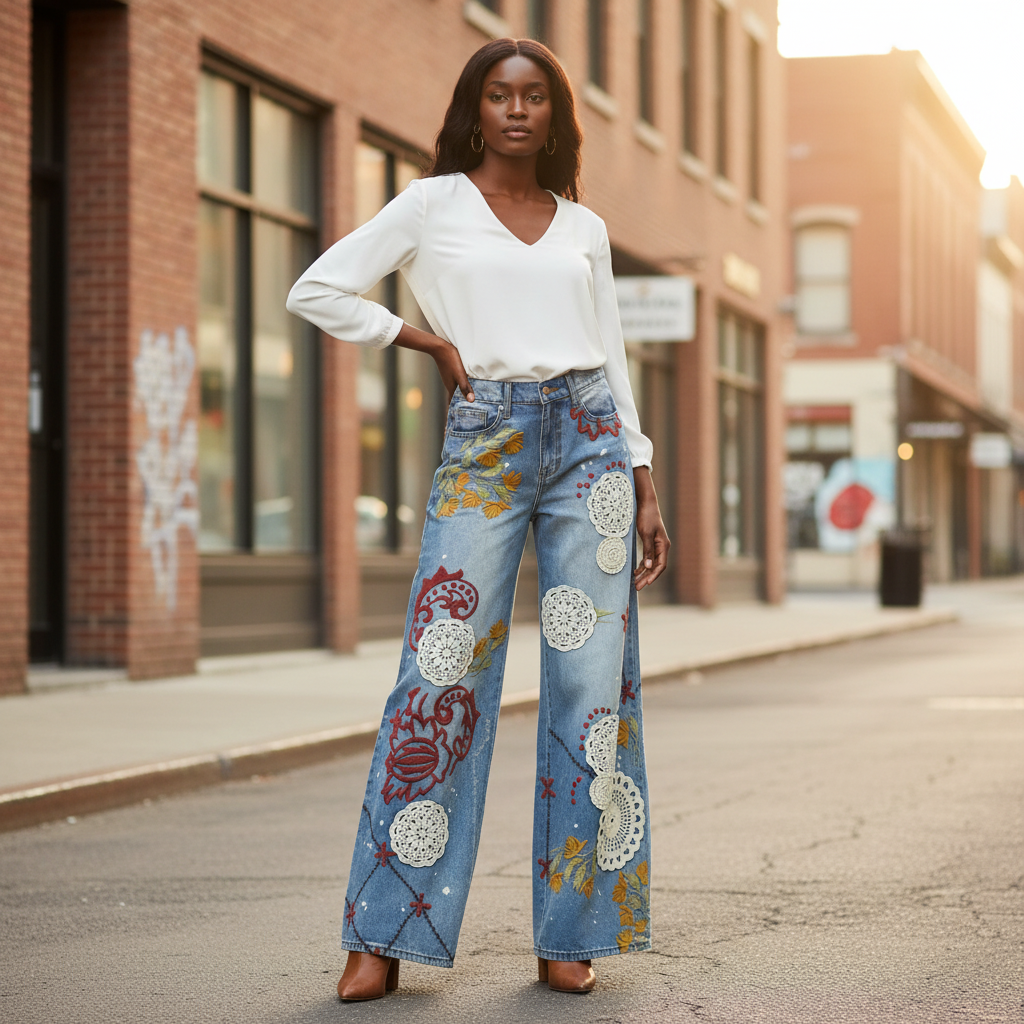 Women's embroidered wide leg denim pants, standing pose, mineral wash, relaxed boutique fit - BellanBlue