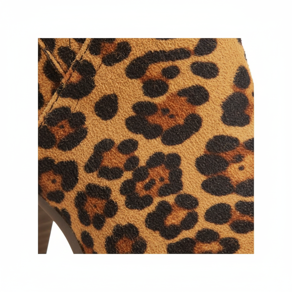 Close-up of leopard print suede texture on women's ankle bootie tan amber brown black spot pattern