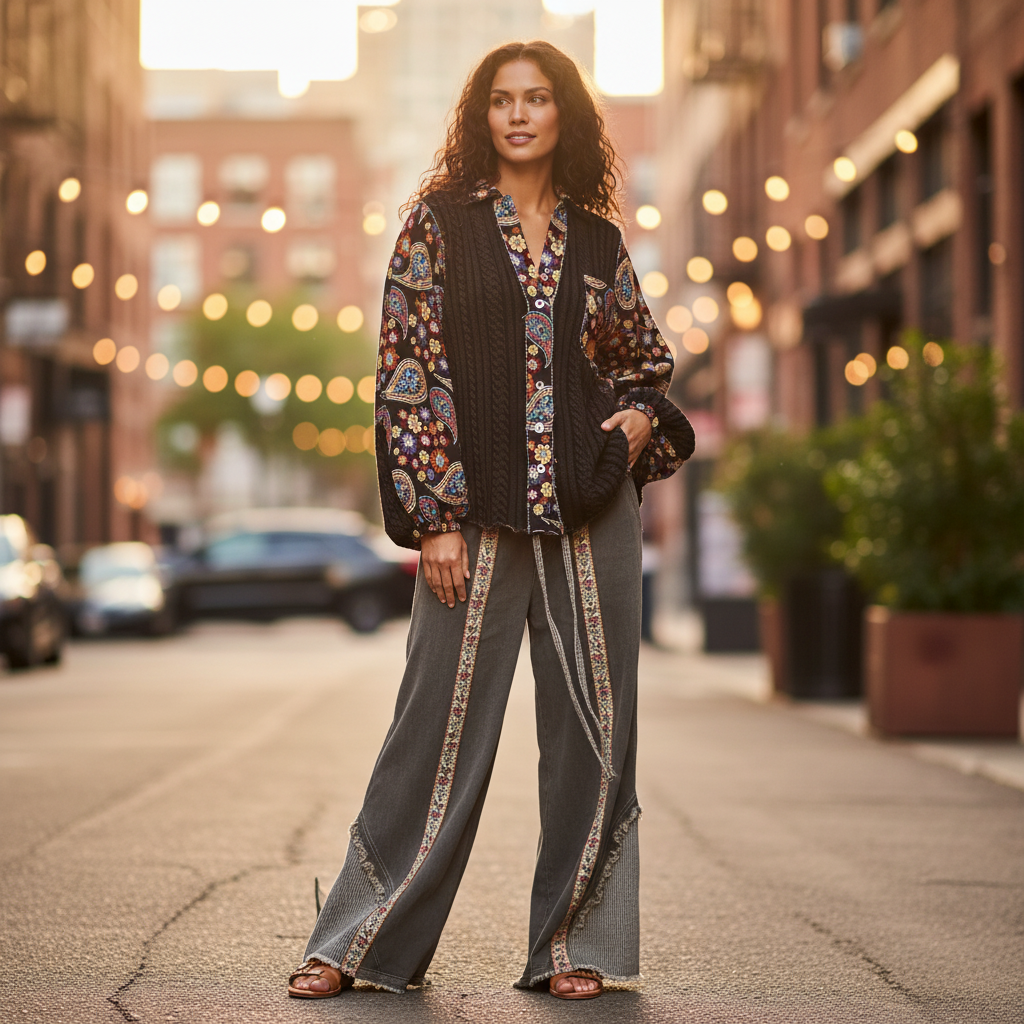 Women's black multi paisley jacquard collar neck A-line top styled with wide leg trousers and tan sandals in an outdoor urban setting