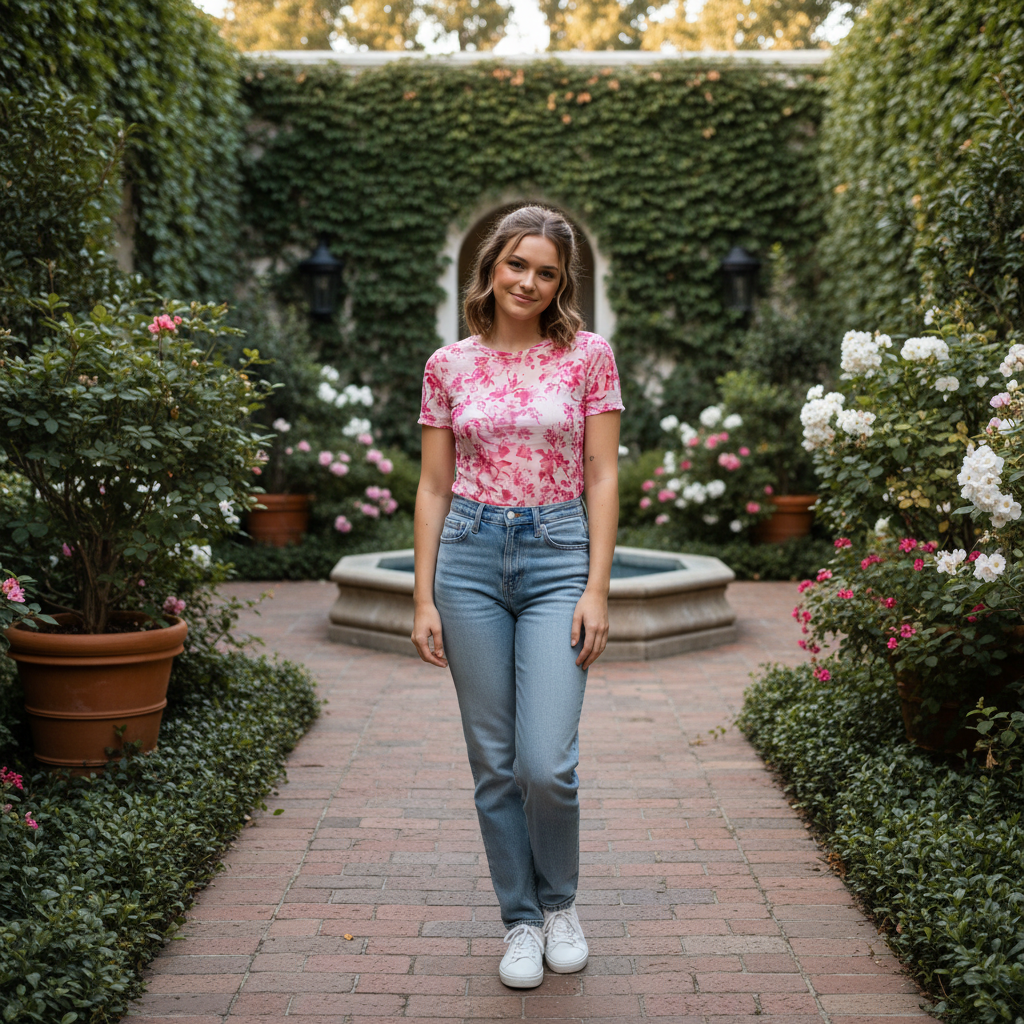 Woman standing in a garden with flowers and hedges