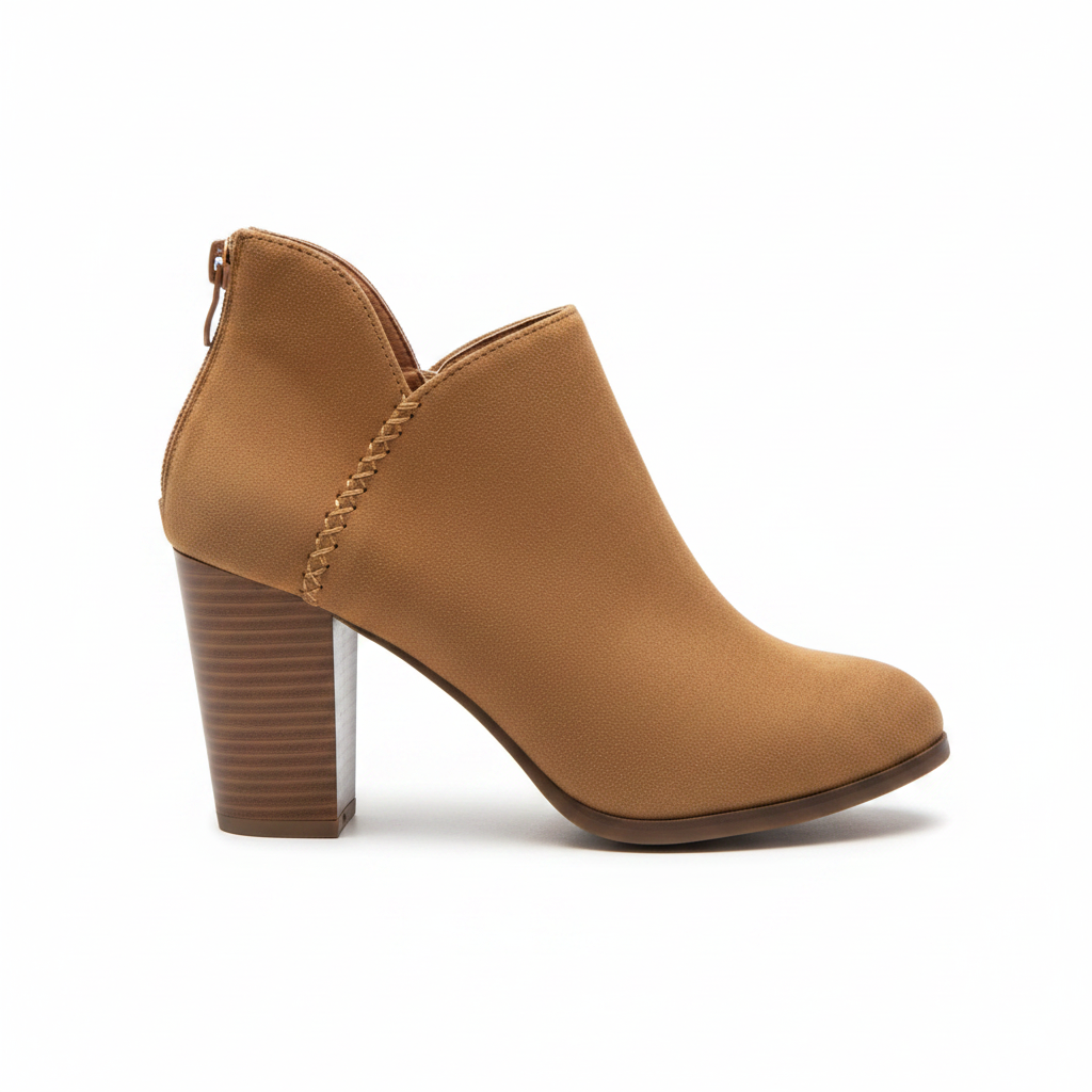 Women's tan suede ankle bootie side profile stacked wood-tone block heel V-notch topline round toe