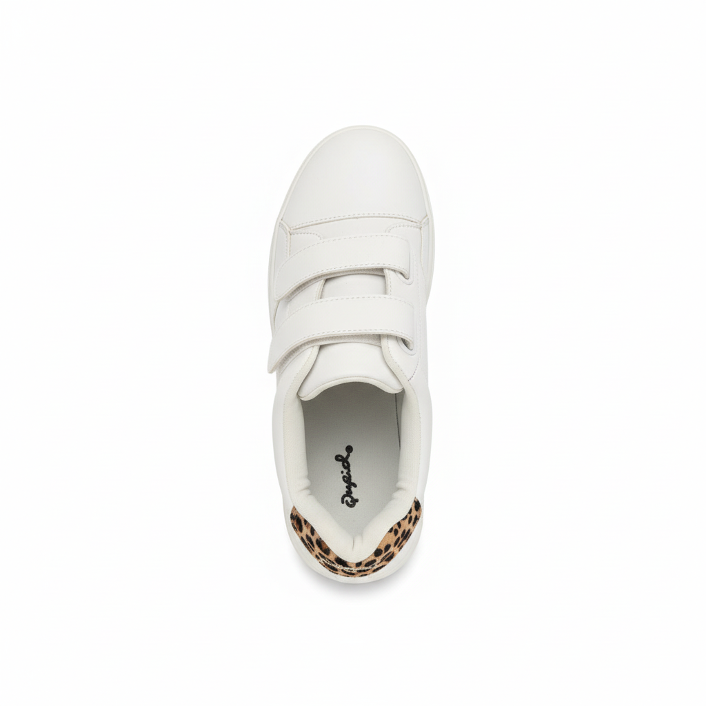 White platform sneaker with leopard print - top view showing velcro strap and shoe design
