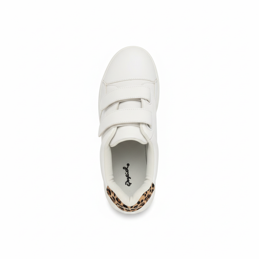 White platform sneaker with leopard print - top view showing velcro strap and shoe design