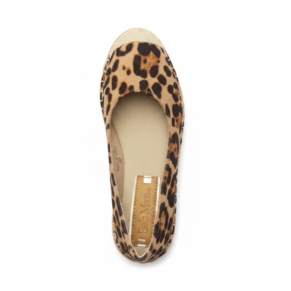Top view of leopard suede espadrille flat showing full upper and slip-on opening, women's casual flats