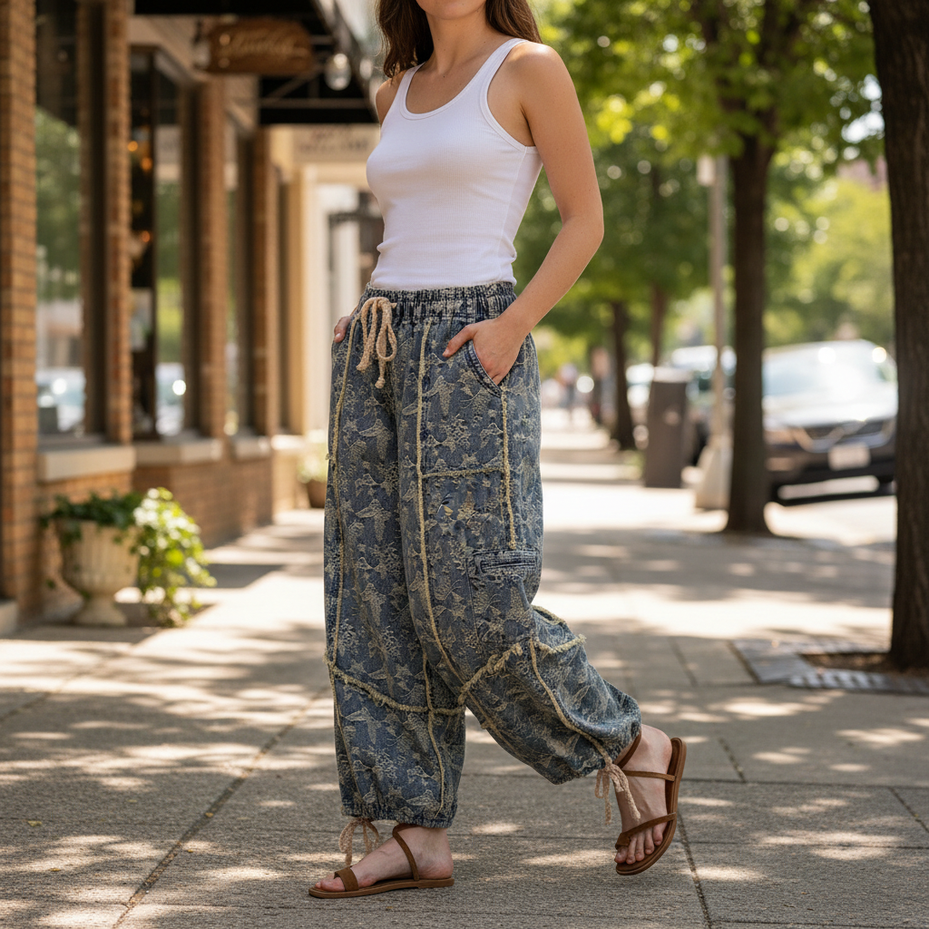 Women's indigo floral print wide-leg balloon pants with rope ankle ties, boutique street style