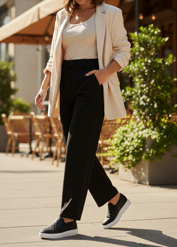 Soda black quilted platform slip-on sneakers worn walking outside a café in black trousers and blazer