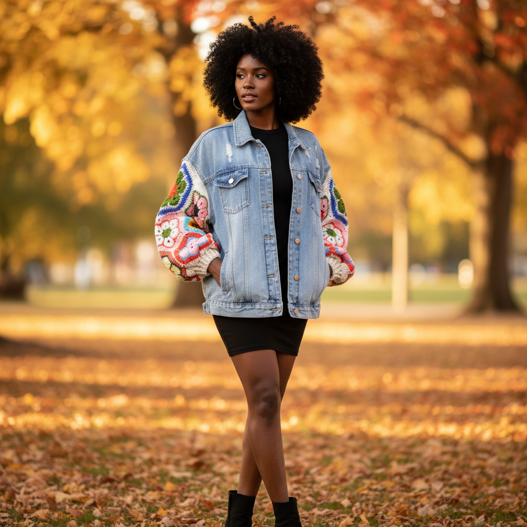 Women's crochet sleeve denim trucker jacket beige floral granny squares autumn park black mini dress