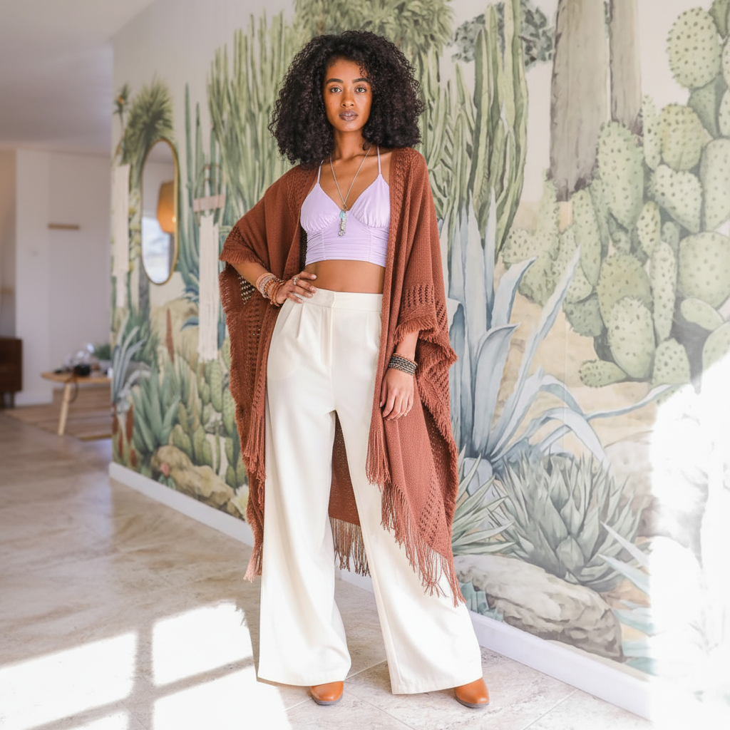 Women's rust brown open-knit ruana wrap with fringe trim, floor-length oversized boho silhouette