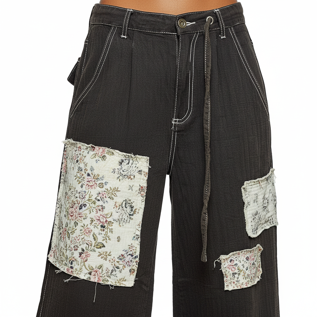 Women's black denim pants close-up, cream floral tapestry patch detail, frayed edges, white contrast stitch