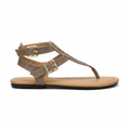Taupe distressed PU thong sandal with braided T-strap and gold buckle straps, side profile view, white background