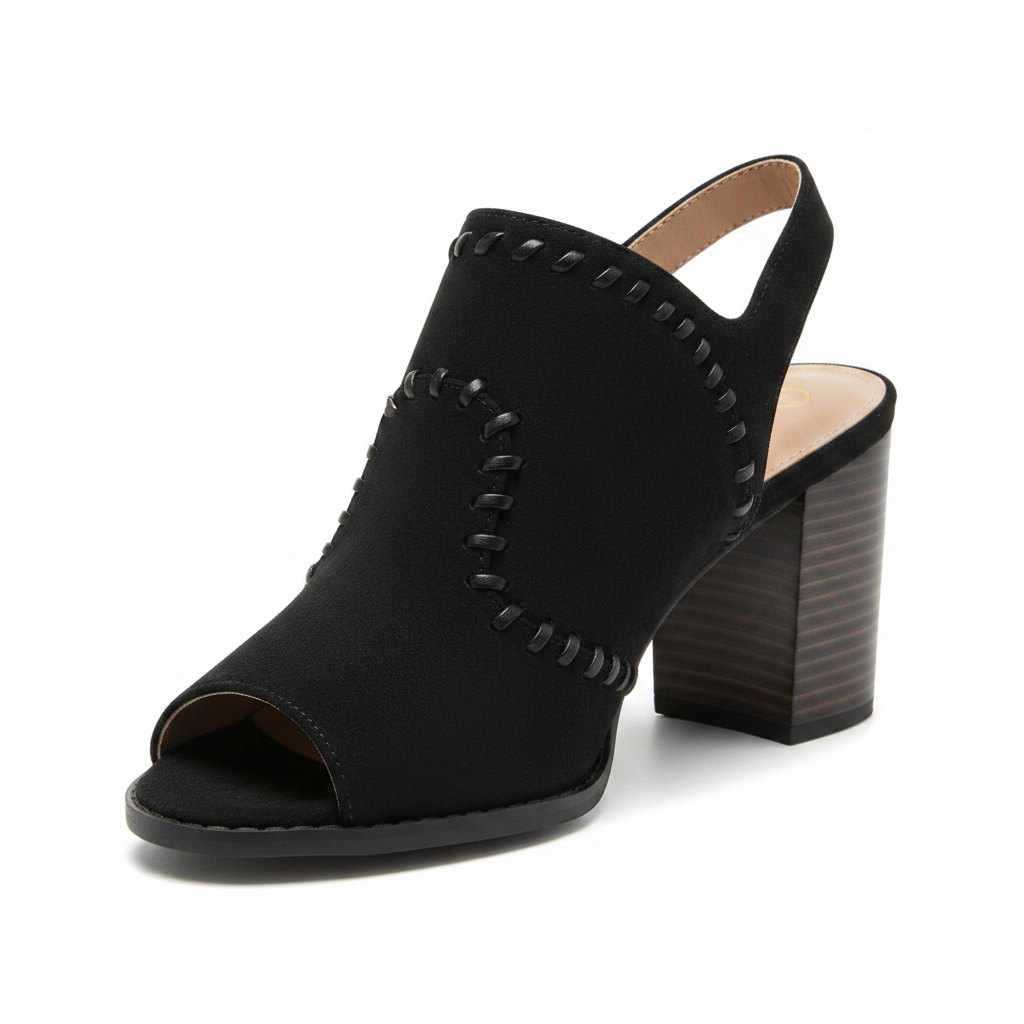 Qupid DAYOFF-23X black suede PU peep-toe slingback mule with whipstitch trim and stacked block heel, front three-quarter view