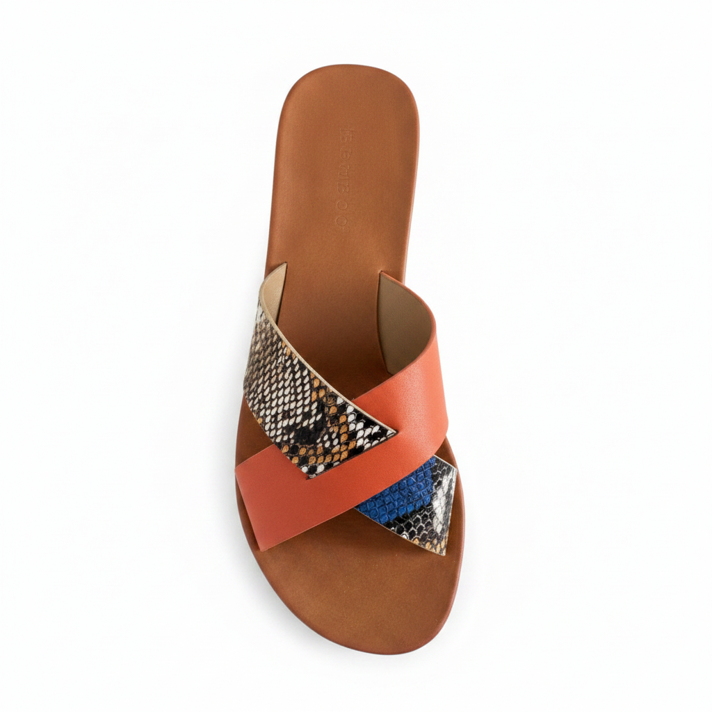 Top view of women's cross strap slide sandal showing terracotta orange and python-print patchwork straps with open toe design - BellanBlue