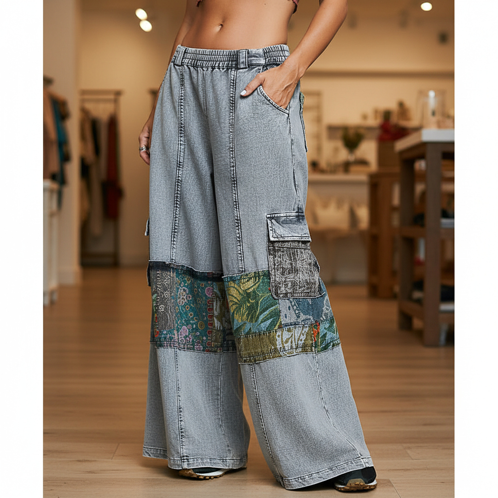 Women's wide-leg patchwork pants seated café, boho brunch style, teal olive rust panels