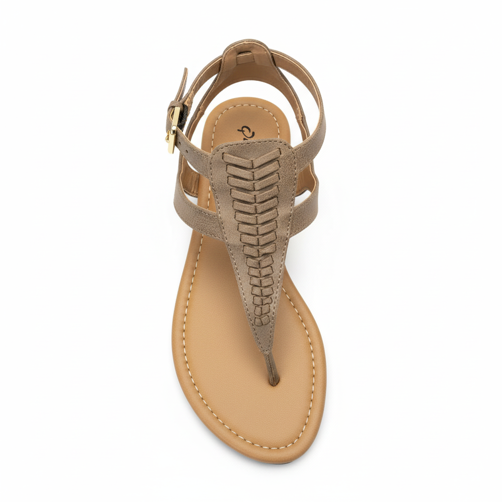 Taupe braided thong sandal, top-down view showing woven T-strap, gold buckle hardware, and tan cushioned footbed, white background