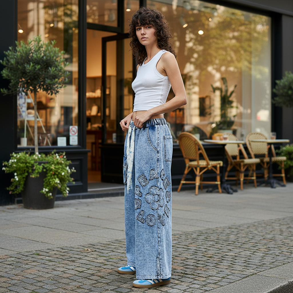 Denim garment styled with model standing near boutique storefront - BellanBlue