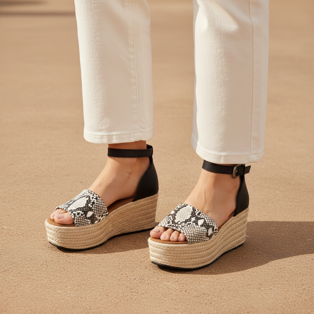 Women's snake print espadrille platform wedge sandals worn as a pair on concrete with cream wide-leg trousers