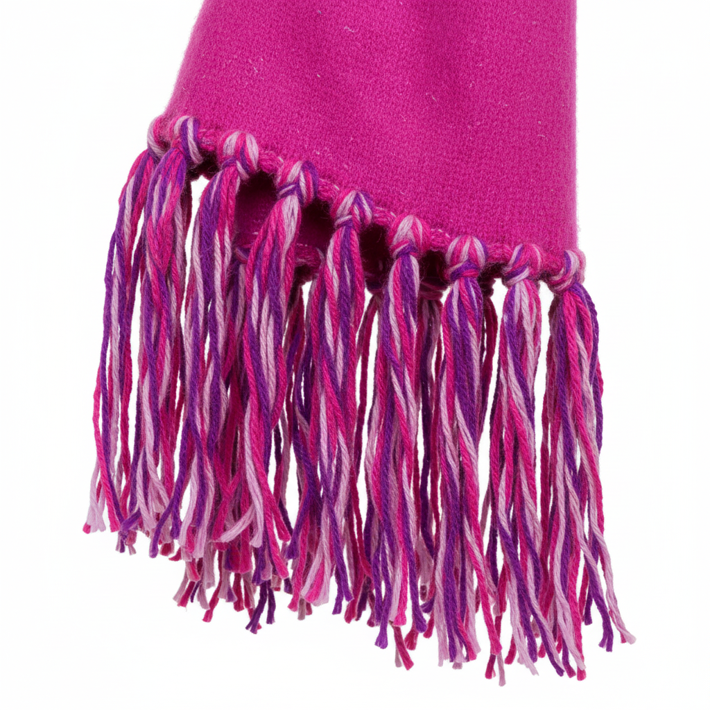 Women's fuchsia speckled scarf wrap close-up, brushed knit texture and pink magenta fringe trim detail