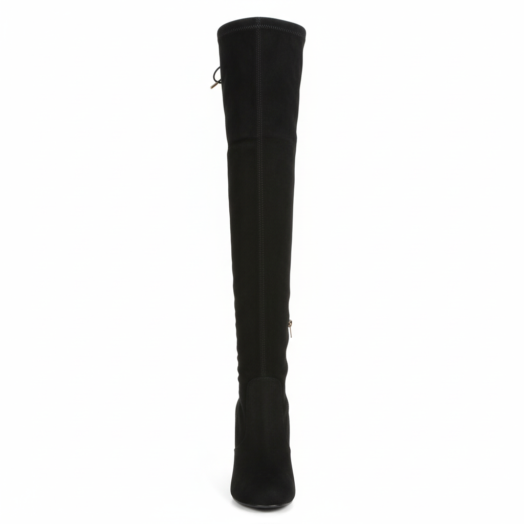 Women's black suede over-the-knee boots front view - block heel with side zipper
