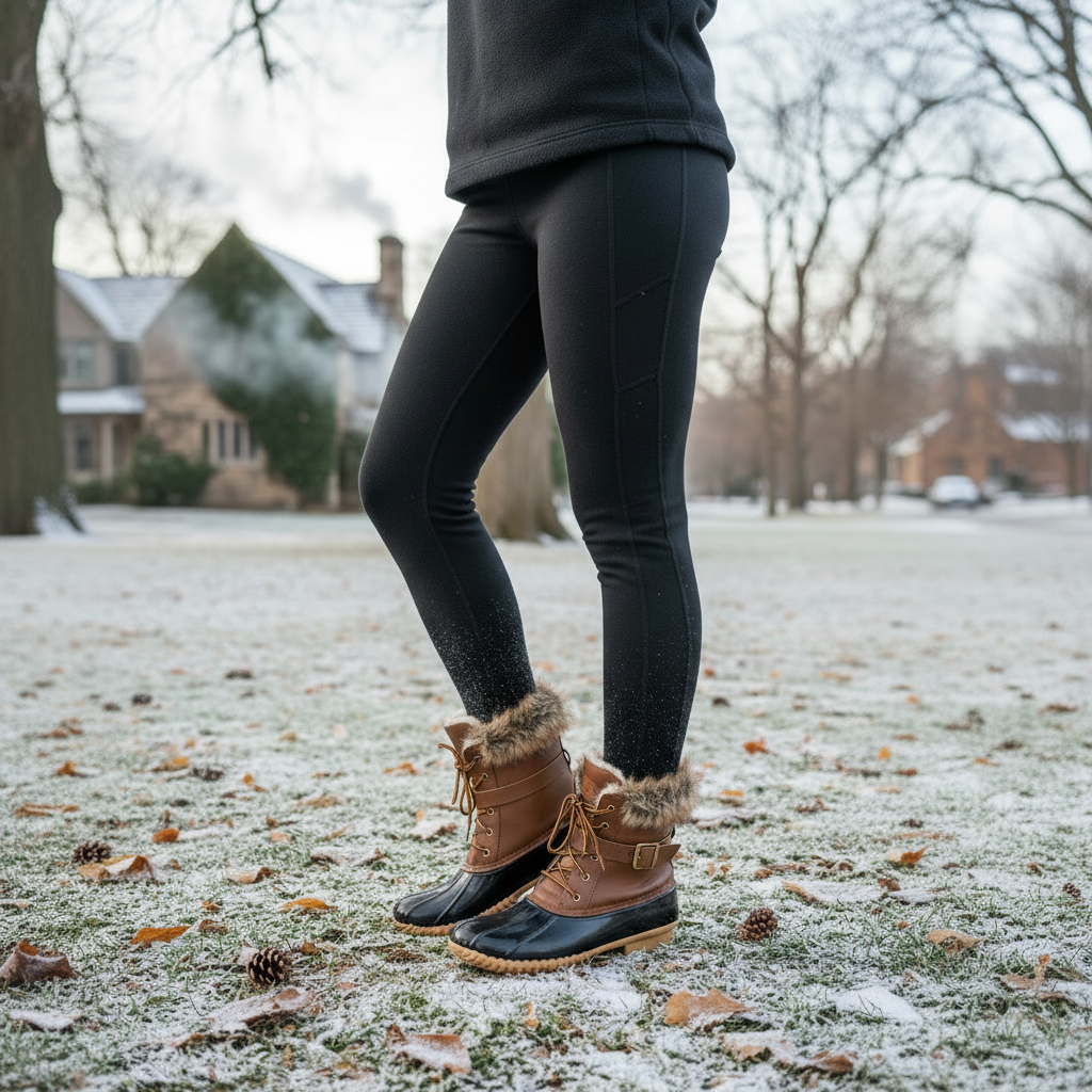 Woman wearing tan waterproof duck boots in winter - lifestyle photo