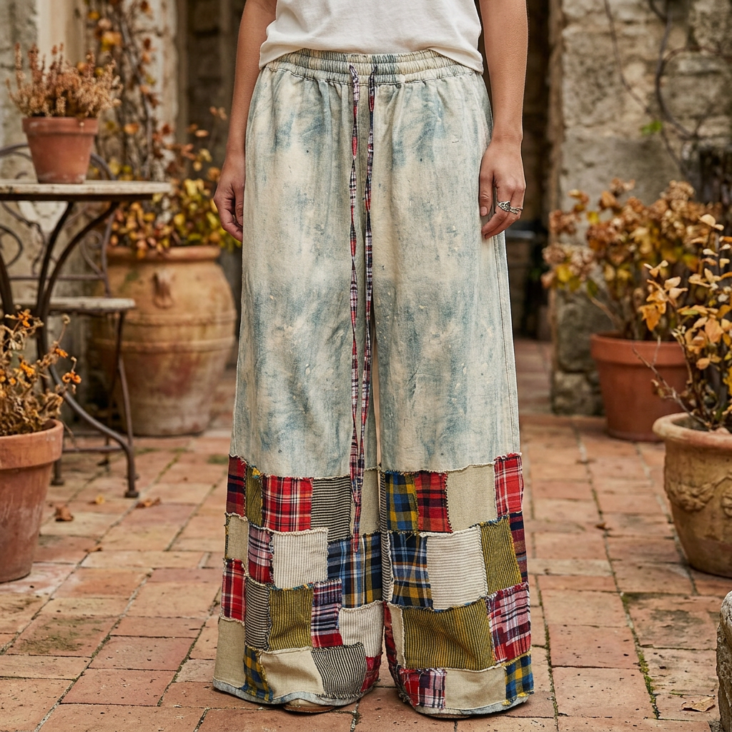 POL Clothing women's light blue wide-leg pants showing elastic waist, plaid tie and patchwork hems on a patio