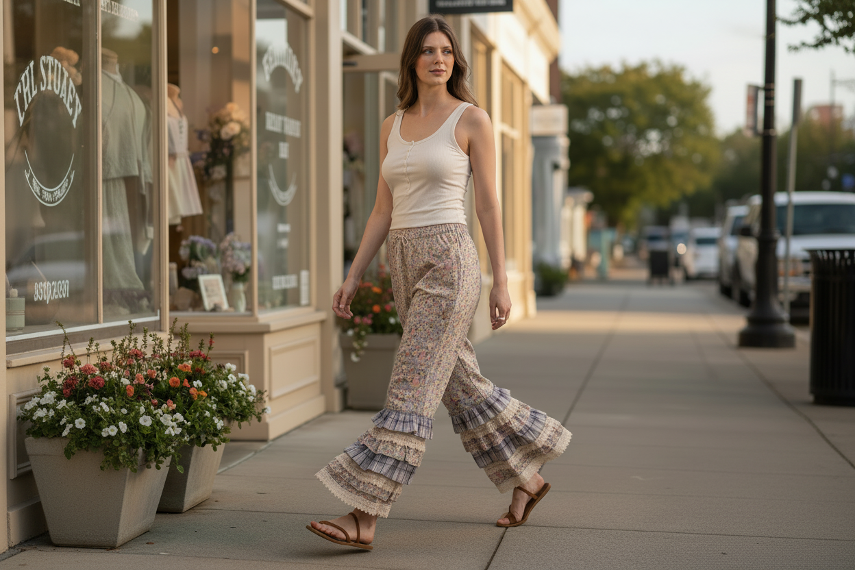 Bluevelvet Floral Ruffle Layered Wide Leg Pants