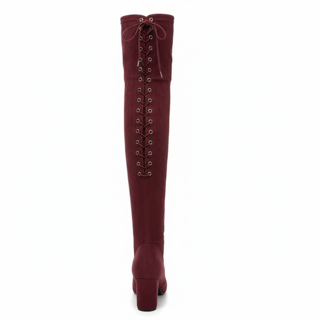 Maroon knee-high boot with lace-up design on a white background